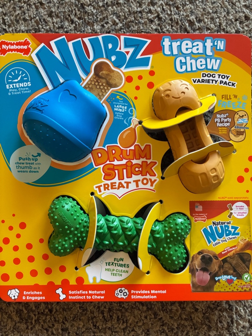 Nubz Treat 'N Chew Drum Stick Dog Toy Variety Pack - Blue, Yellow, Green